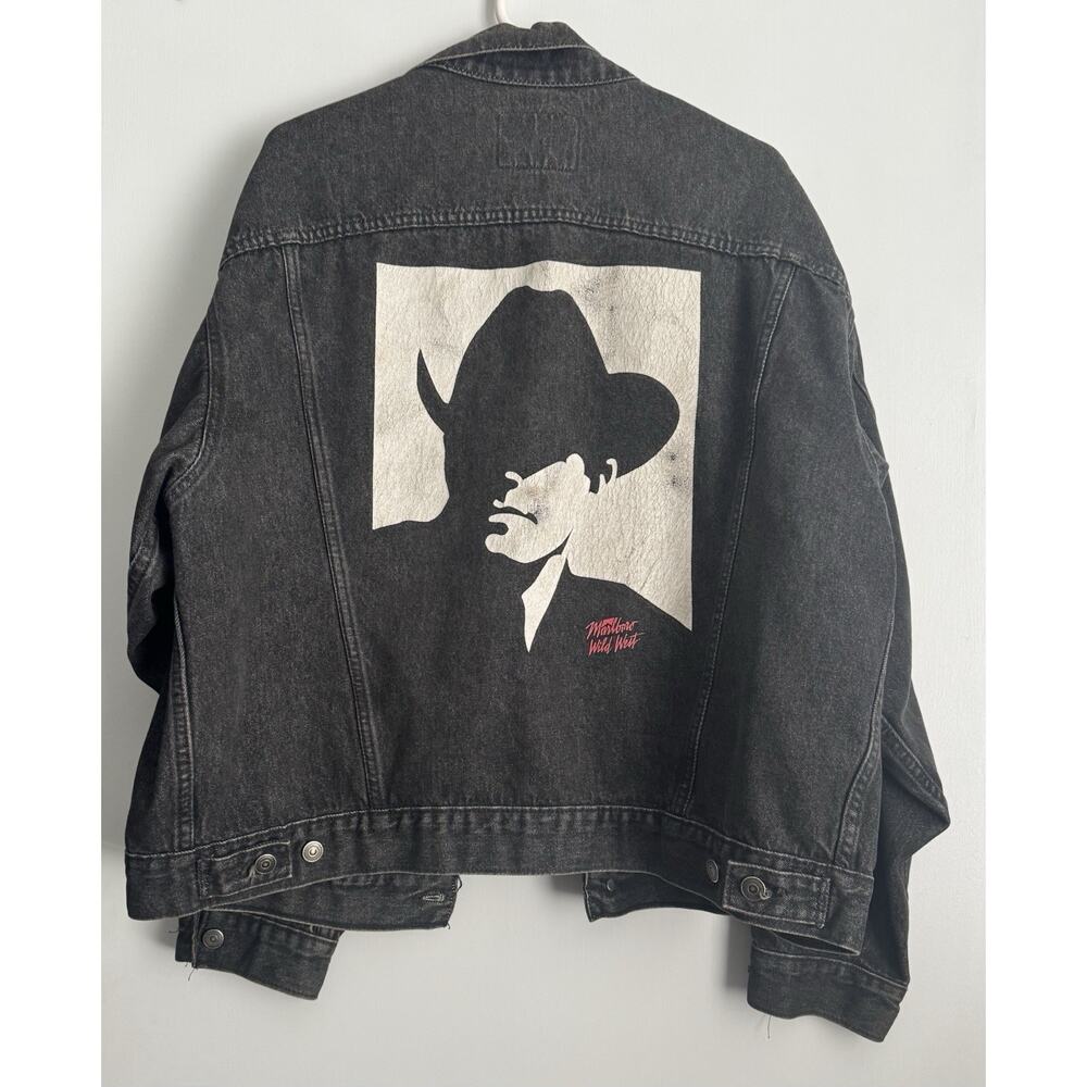 Vintage Marlboro Wild West Trucker Jacket Mens XLarge Black Denim Cotton Graphic